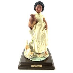 Vintage Auro Belcari Dear 1987 Signed Sculpture Girl Holding Vase Dog Italy 8”
